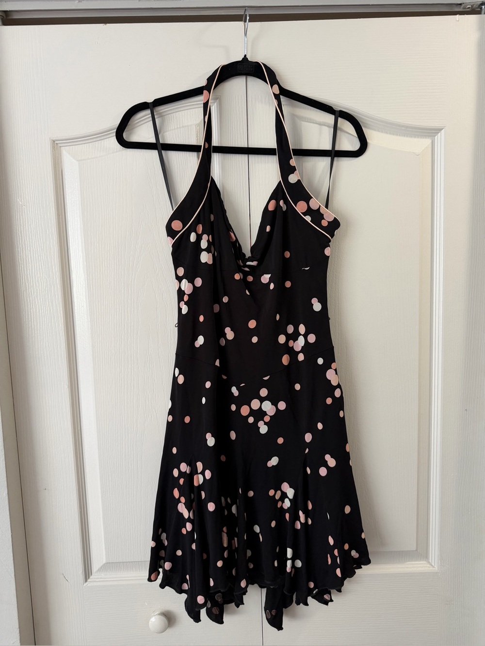 bebe Black Halter Mini Dress with Pink and White Dot Print